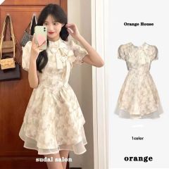 New Chinese style waist-hugging and slimming skirt for women 2025 summer new design puff sleeve floral dress college