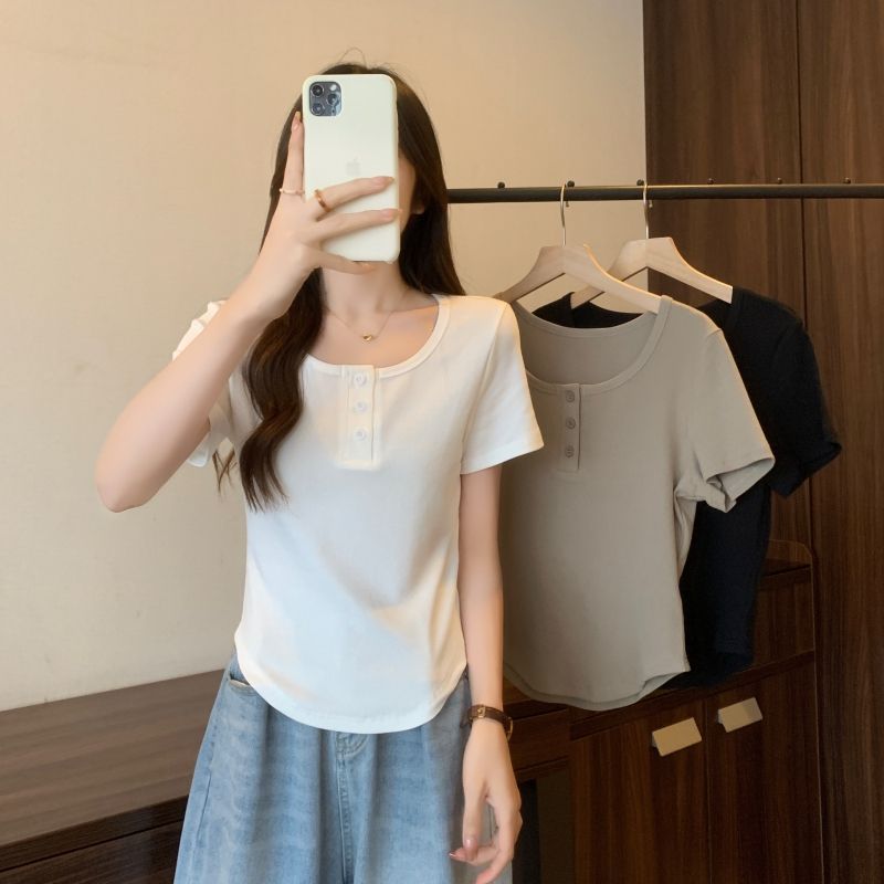 實拍 40支純棉210克92棉/8氨綸短袖T恤女3粒紐