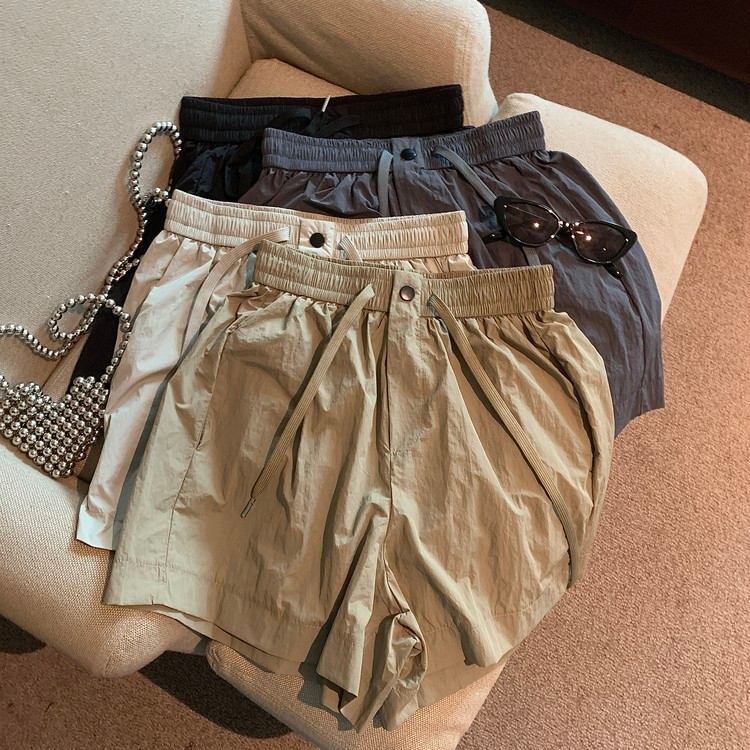 American quick-drying work shorts for women in summer, slimming, loose casual A-line wide-leg pants elastic waist grey three-quarter pants