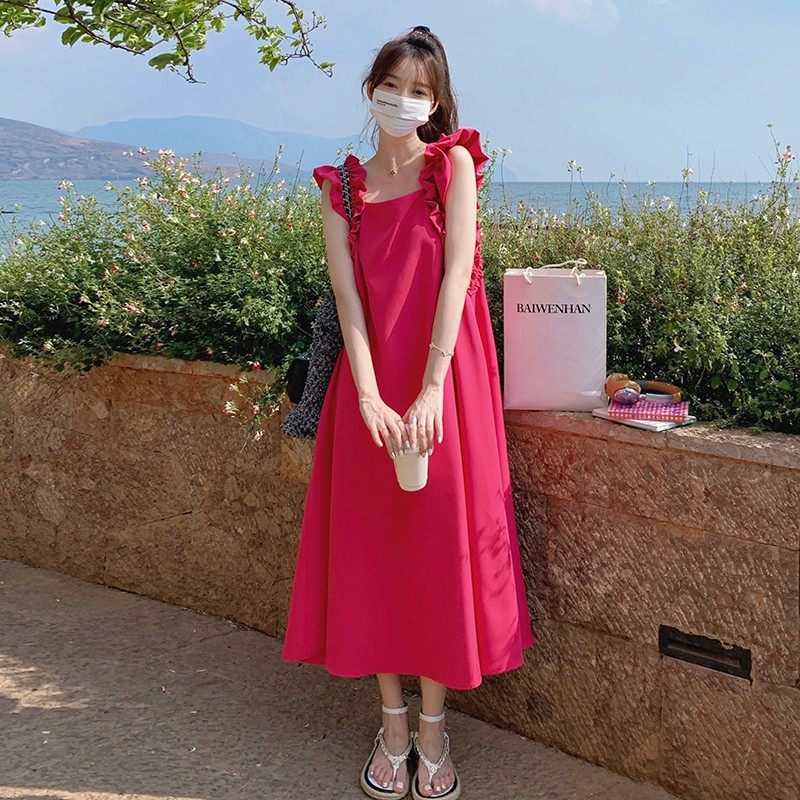 火龍果色背帶長裙背心裙女夏季2025新款法式方領顯瘦木耳邊連衣裙