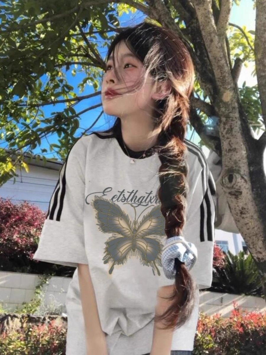 高質量純棉220克精梳緊密印花三條槓寬鬆大版落肩短袖恤女