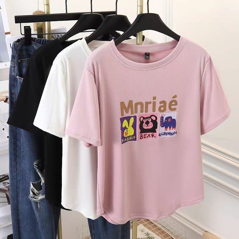Large size printed short-sleeved T-shirt for women 2025 summer new 300 catties fat mm round neck age-reducing versatile belly covering top