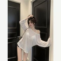 竹節螺紋 韓版簡約長袖T恤女春季薄款防曬罩衫純欲上衣女