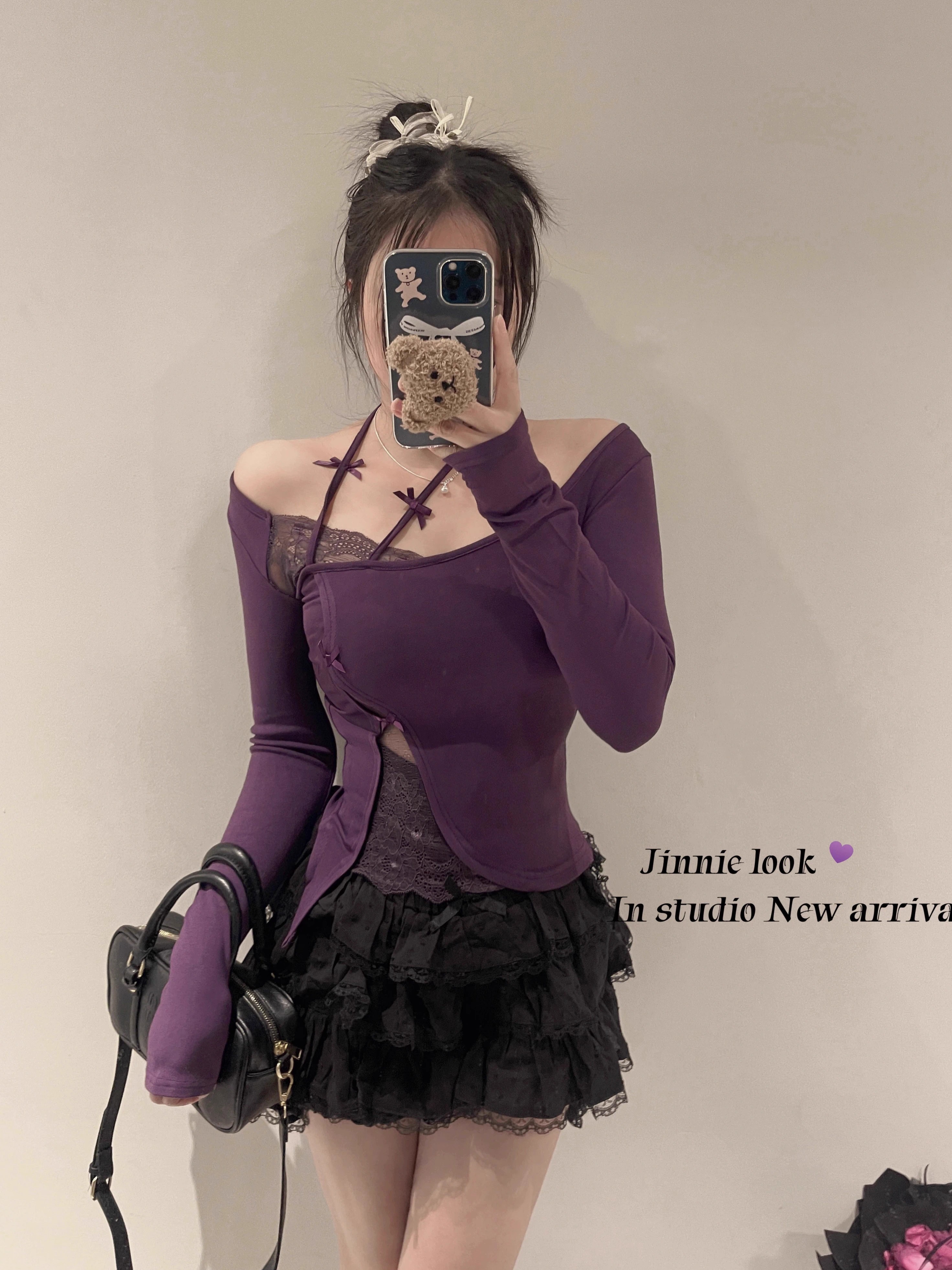 性感純欲掛脖拼接蕾絲長袖t恤女秋冬新款修身顯瘦辣妹氣質打底衫