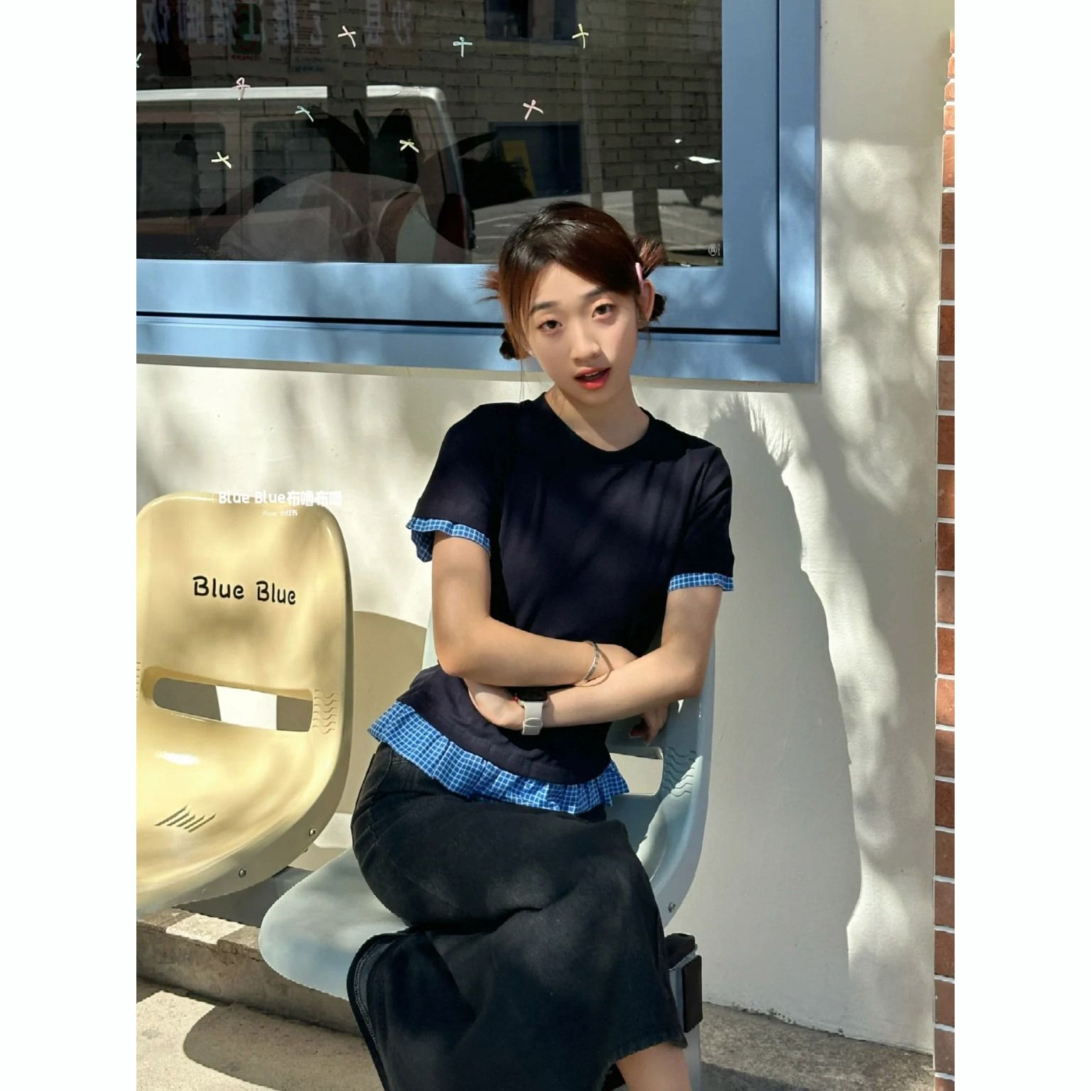 莫代爾人棉黑色拼接假兩件圓領正肩短袖t恤女夏季修身內搭