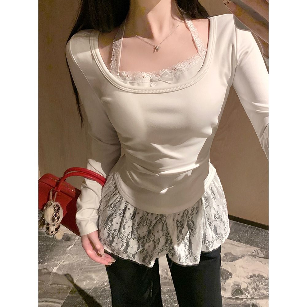芭蕾風白色假兩件掛脖T恤女秋冬疊穿蕾絲內搭打底衫