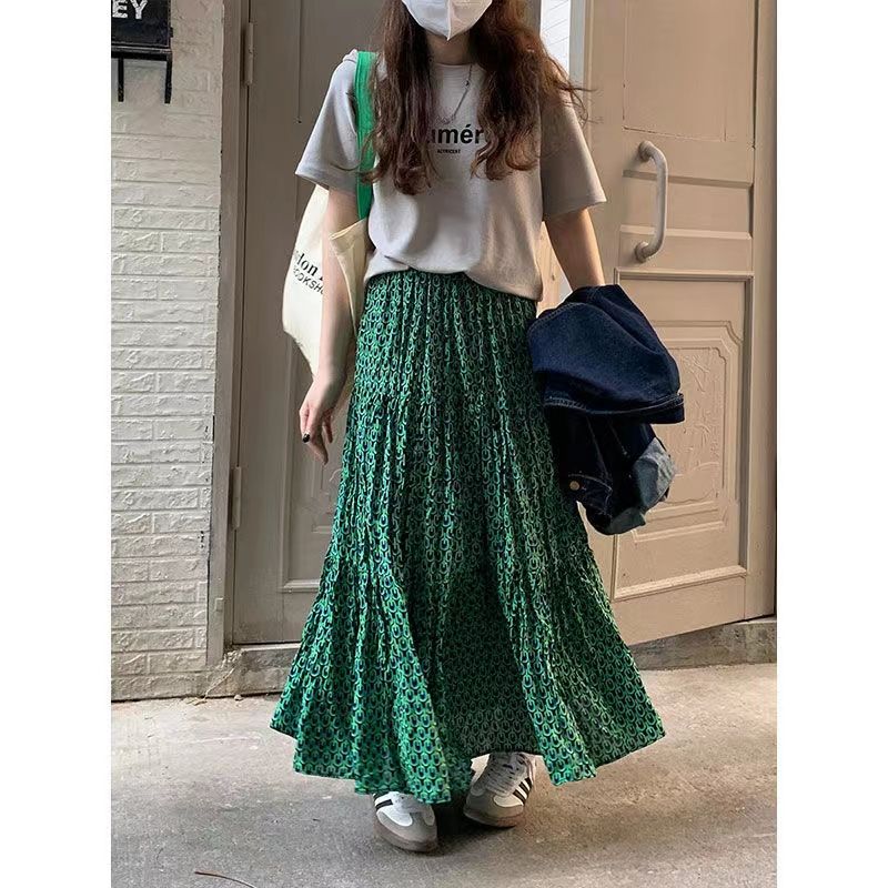 Green Dress with Floral Print, Semi-Skirt for Women, Summer New Arrival, Hip-Hiding, Flowy, Slit, Slimming, Versatile, Pleated Skirt