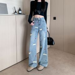 實拍~卡通立體臘腸狗刺繡牛仔褲春秋季高腰寬鬆顯瘦闊腿長褲