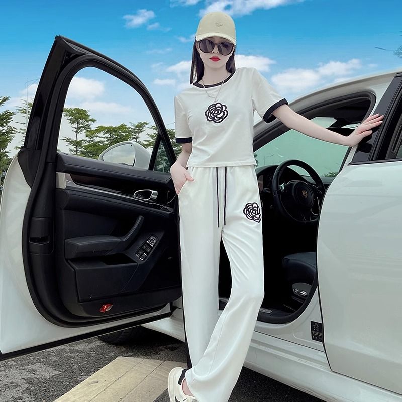 原版做工時尚休閒運動套裝女夏2025年闊腿褲白色短袖長褲兩件套