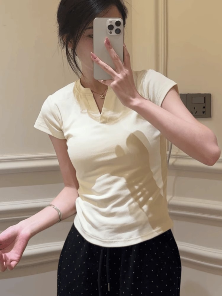 官圖 92棉/8氨綸40支210g純棉 小V領短袖T恤女設計感