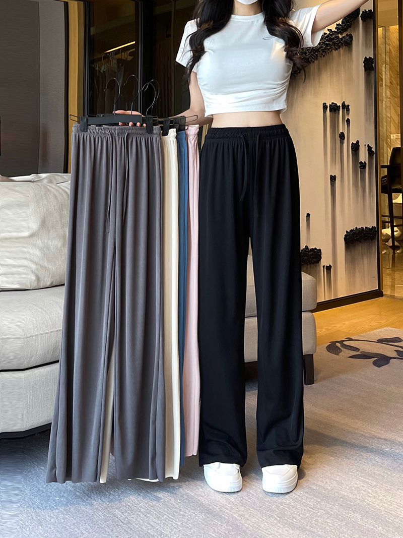 Women's Summer High-Waisted Flowy Relaxed Straight Leg Trousers with Ice Silk Material, Floor-Length and Draping Effect
