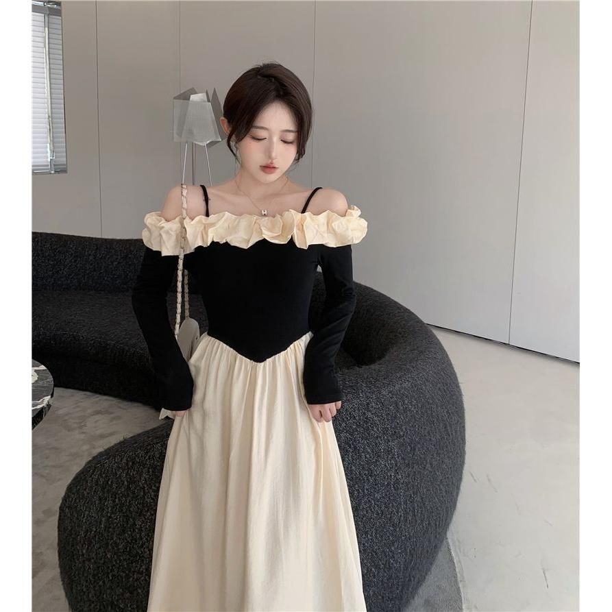 法式氣質花邊一字領拼接撞色長袖連衣裙女2025秋季新款中長a字裙