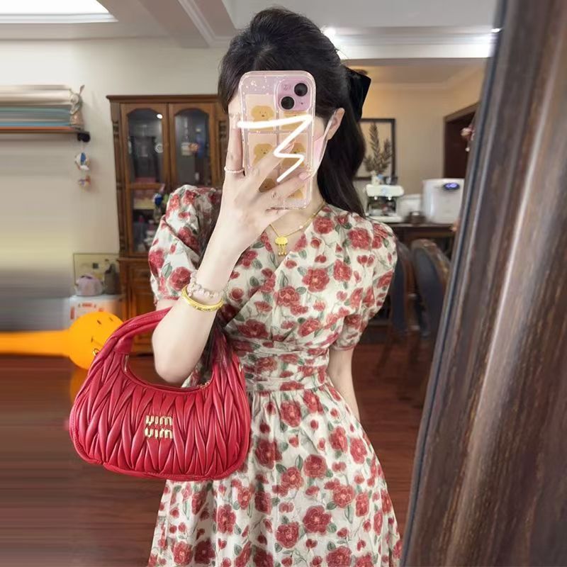 Summer red floral dress for women 2025 new waist-hugging long skirt for tea break French temperament high-end