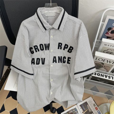Chic lazy style striped letters short-sleeved shirt for women in summer loose retro design half-sleeved top