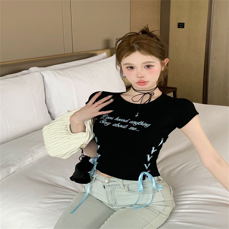 Bow tie-up straps for front shoulder short sleeves T-shirt for women in women's summer new pure sweet hot girl short top is unique and beautiful