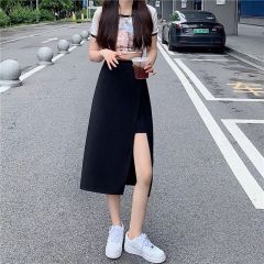 New summer half-length skirt with slit, asymmetrical, plus-size for large women, high-waisted and slimming, Korean-style A-line skirt