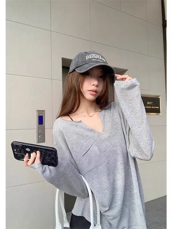 原版面料 美式復古灰色寬鬆長袖t恤女早春設計感小眾修身上衣