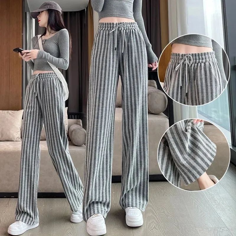 Large size fat MM ice silk striped wide-leg pants for women in summer new high-waist loose draping straight-leg casual trousers