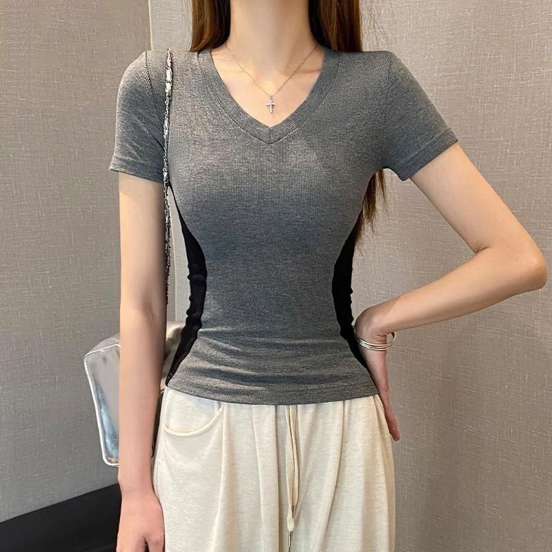 人棉260克2025夏季新款V領短袖T恤女百搭撞色氣質修身顯瘦上衣