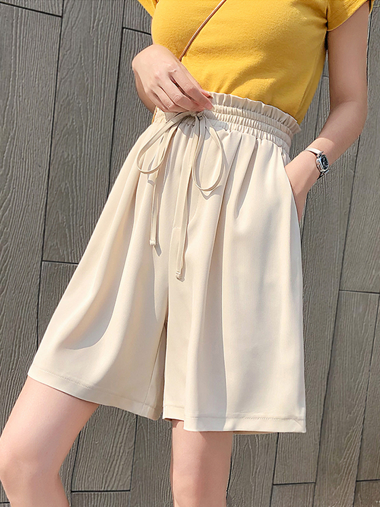 2025 summer new five-point ice silk high waist chiffon wide-leg pants for women loose casual droop shorts straight mid-leg pants