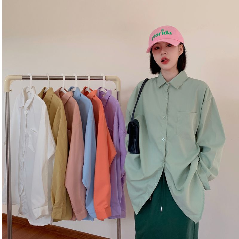 實拍簡約春秋純色百搭polo領中長款襯衣女寬鬆休閒襯衫長袖上衣in