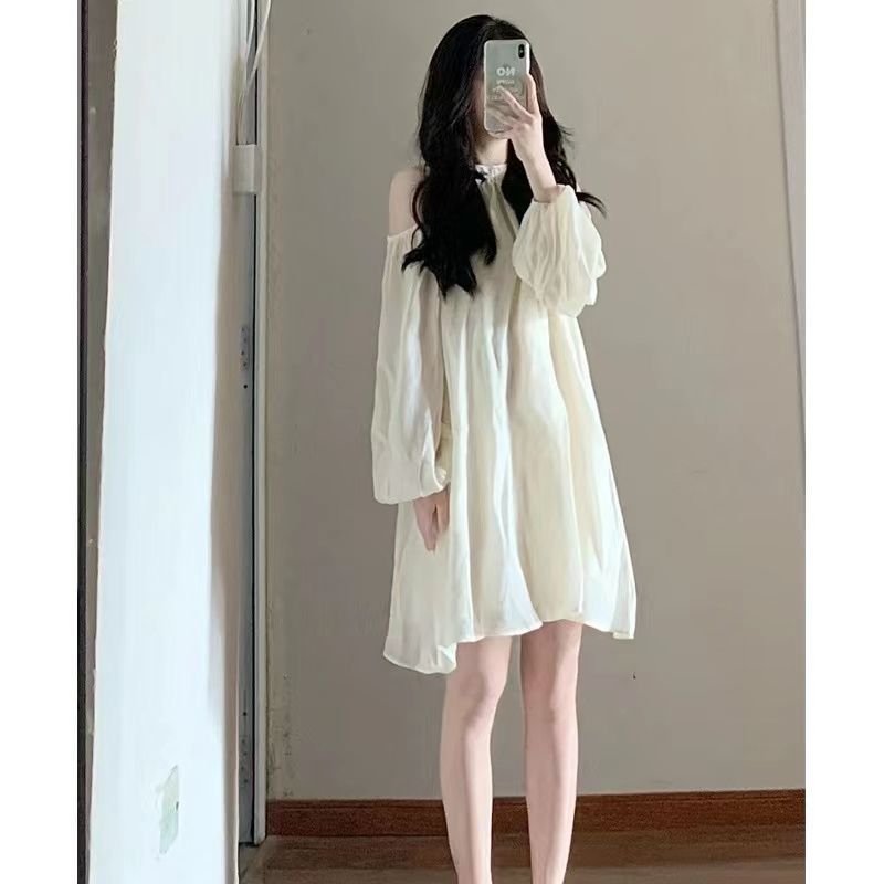 Apricot color off-shoulder halter neck long-sleeved chiffon dress for women spring and summer French sweet and gentle style loose A-line short skirt