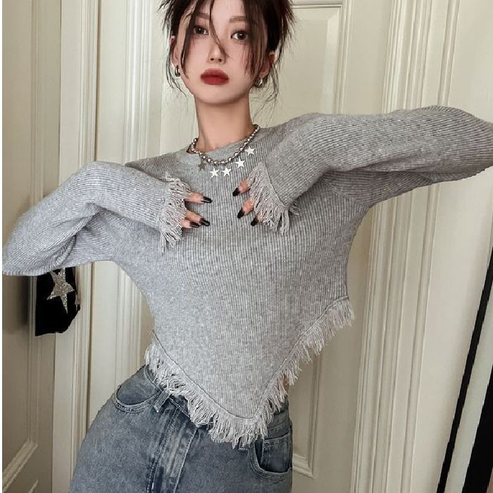 前後流蘇，舒膚絨小眾港味小個子上衣短款內搭長袖打底衫女