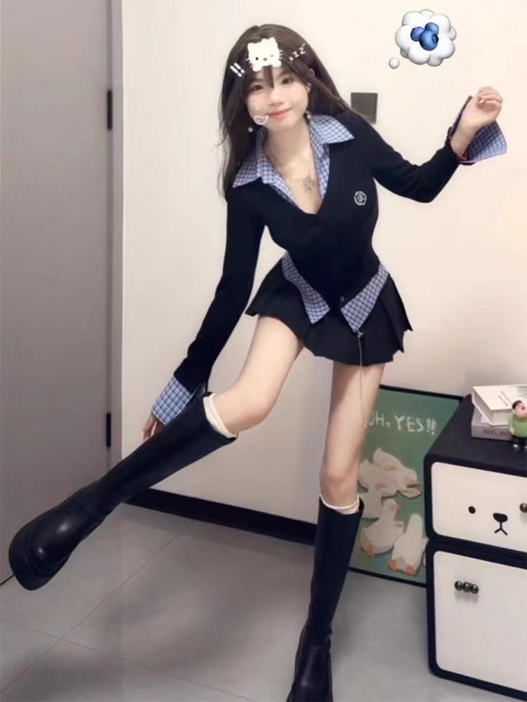 假兩件格子拼接V領長袖t恤女春季2025新款修身辣妹內搭打底衫上衣
