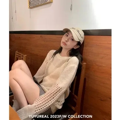 Mohair sweater women's pullover autumn design lazy style loose thin long-sleeved hollow sweater top