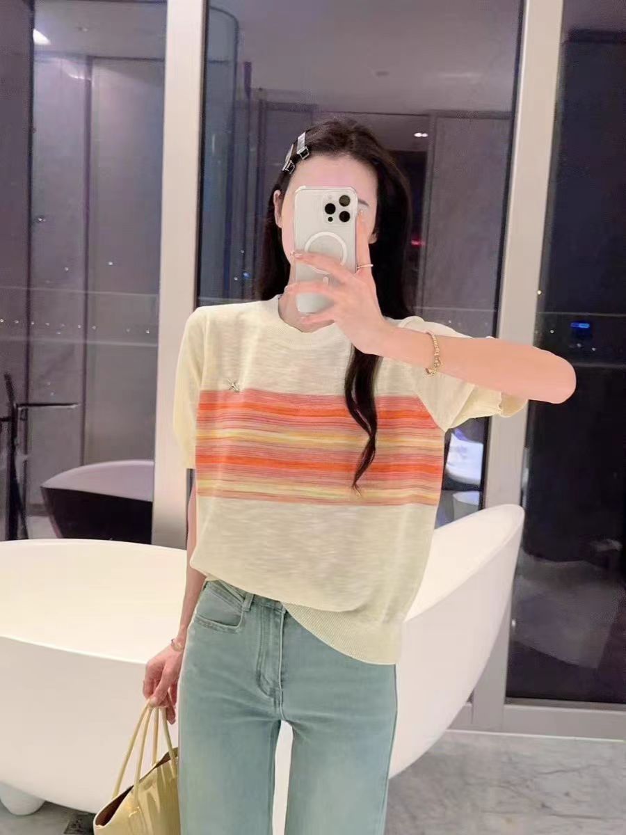 Color-blocking fashionable summer ice silk short-sleeved women's 2025 new knitted sweater thin T-shirt round neck Korean versatile top