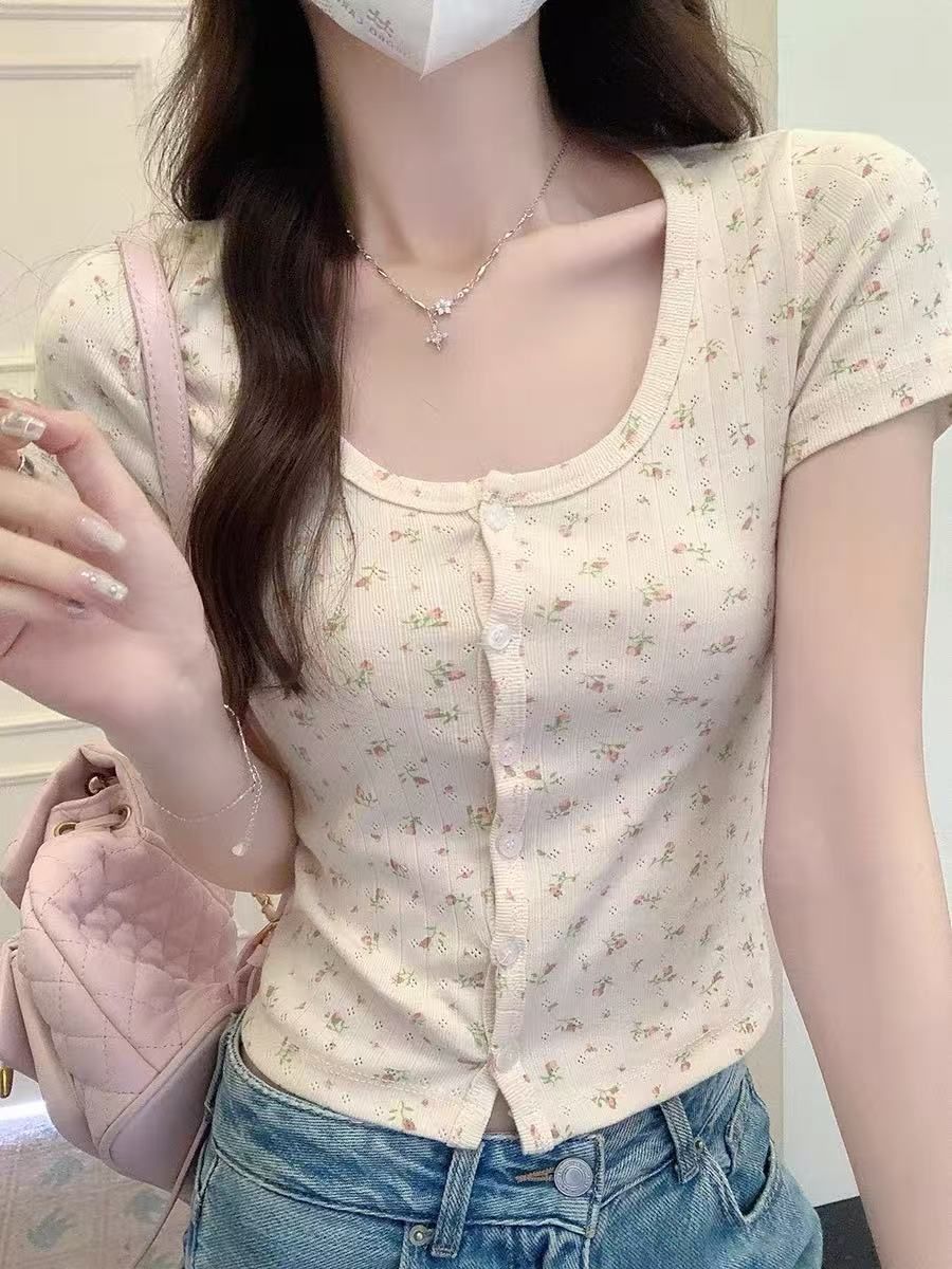 原版提花 韓版碎花u領短袖t恤女夏季小個子上衣潮