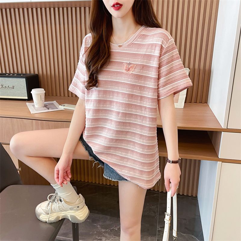 Real photo of pure cotton quality/striped T-shirt for women butterfly embroidered summer top design niche
