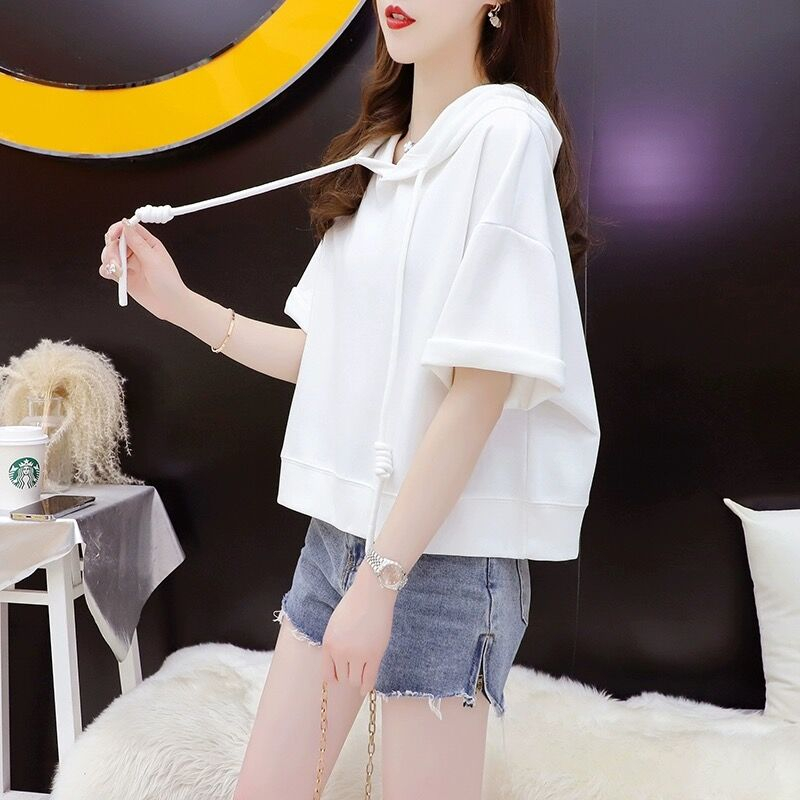 Original quality/pure cotton/rear collar/loose hooded short design short sleeve T