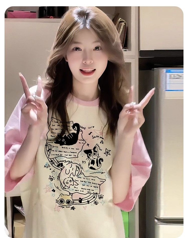 高質量純棉210克精梳緊密印花插色牛角袖寬鬆拼色短袖恤女