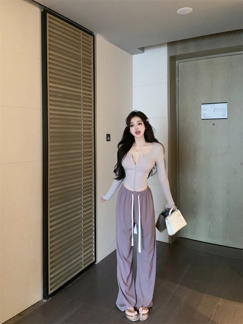 陽光絨 芋泥紫色長袖開衫芭蕾風內搭打底衫低u領短款上衣女