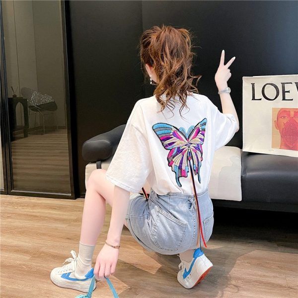 夏裝韓版寬鬆重工刺繡蝴蝶大碼女裝中長款短袖T恤女