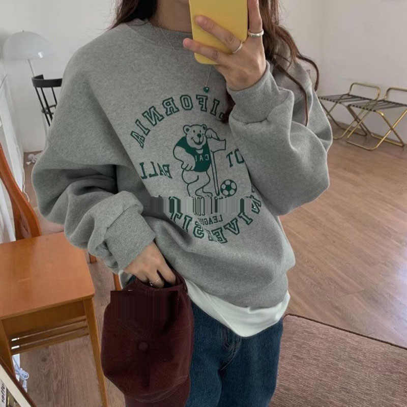 Green cartoon letter bear hooded round neck thin women's loose versatile lazy style top