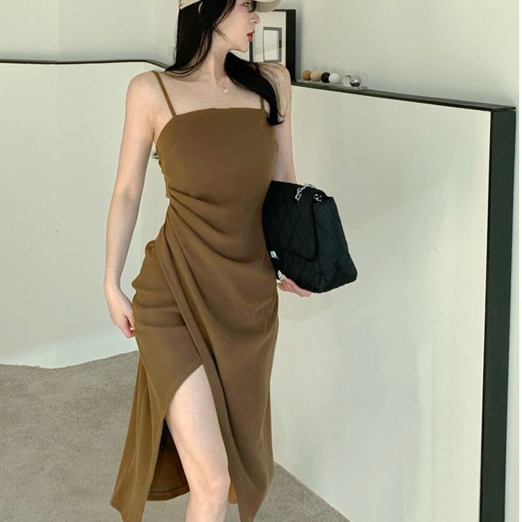 2025 new summer two-color suspender pleated dress new pure and mature midi skirt for women