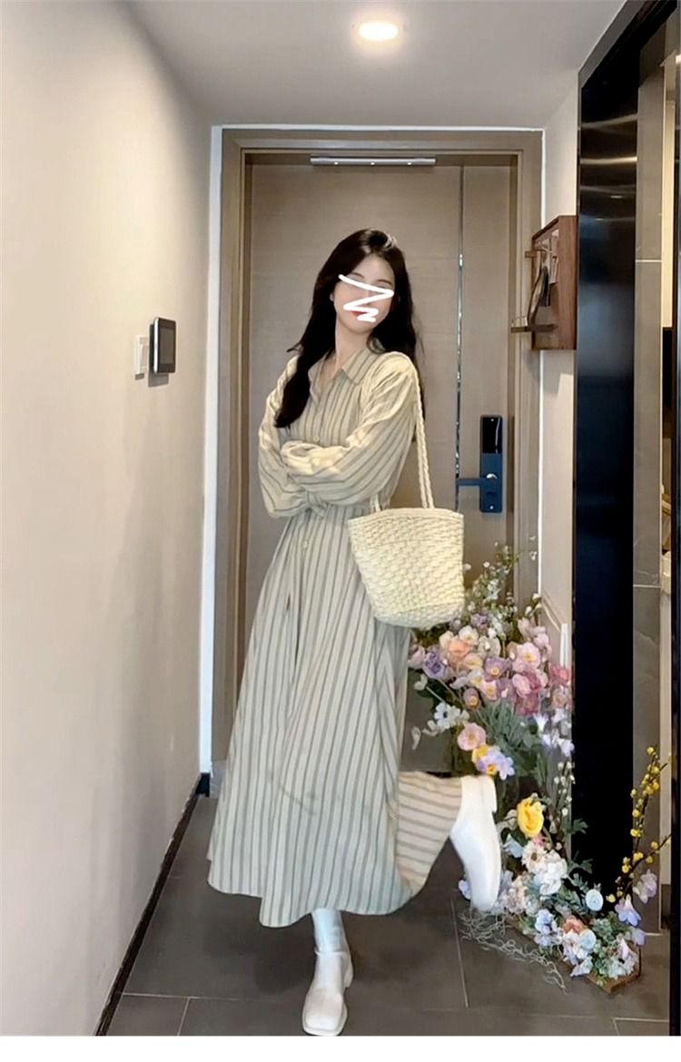 French striped long-sleeved shirt dress for women 2025 early autumn new style waist-hugging temperament small long skirt