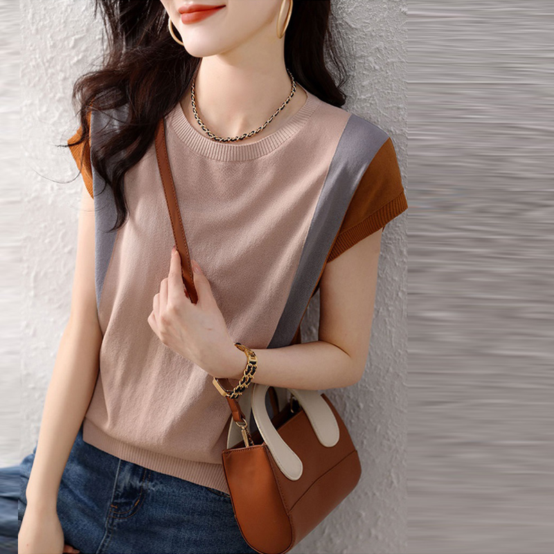 Temperament V-neck slim base contrast color splicing short-sleeved T-shirt design sense sweater summer ice silk round neck top for women