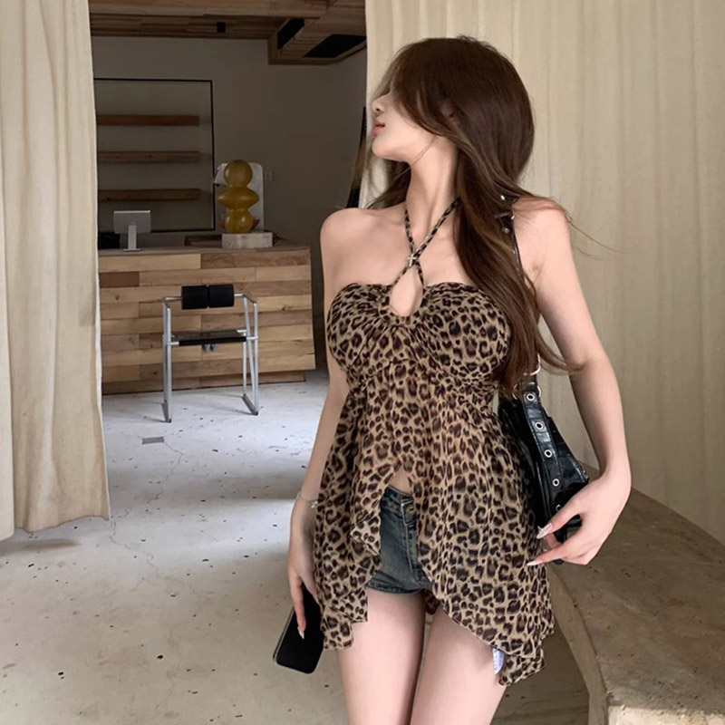 豹紋露背掛脖吊帶小背心女春夏修身不規則辣妹上衣外穿