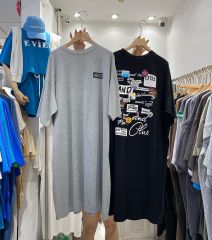 仿棉牛奶絲# 韓系chic印花T恤連衣裙女新款寬鬆開叉中長款裙子