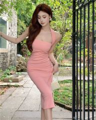 Threaded fabric halter neck dress for women pure desire summer pink backless sexy skirt new tight hips