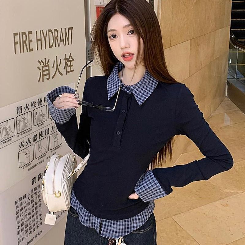 polo領假兩件打底衫女春季新款設計感時尚修身上衣