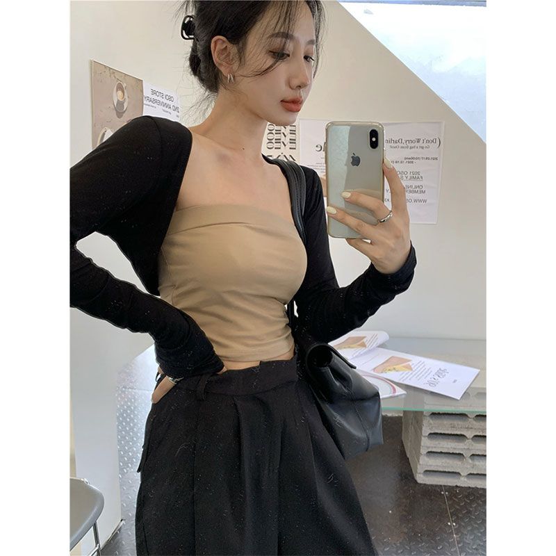 Hot girls short black cardigan blouse with outerwear for women in summer shawl vest strapless long sleeve top trendy