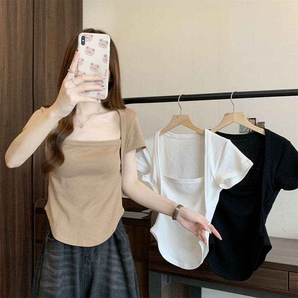 實拍 40支純棉210克92棉/8氨綸純色短袖T恤女一字領