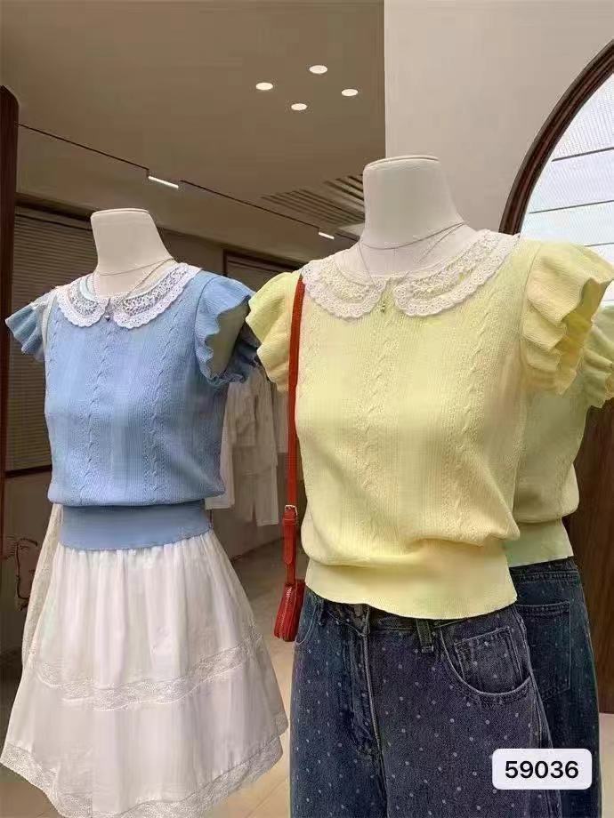 2025 spring and summer bow lace lapel splicing knitted small fresh literary ins trendy chic simple Korean sweet T
