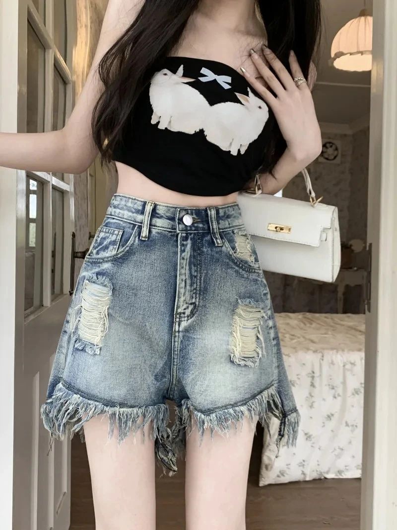 Hot girls used denim shorts for women in summer new high waist loose wide legs slimming legs long hairy hot pants trendy