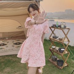 French puff sleeve skirt with waist exposed v-neck pearl buckle three-dimensional embossed temperament small A-line dress for women in summer