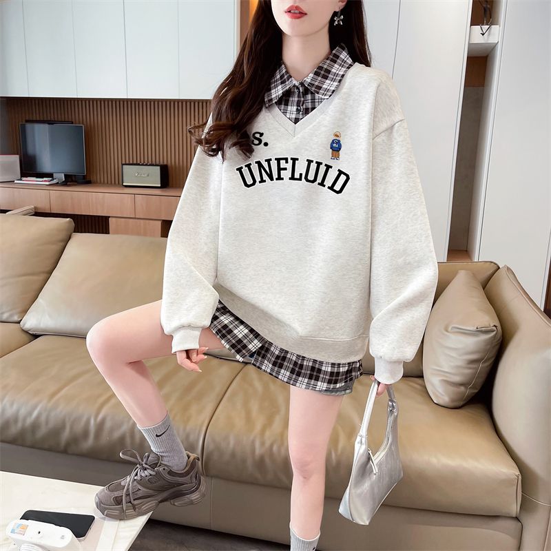 Real shot of 2025 spring and autumn back collar twill, thin top POLO collar plaid sweatshirt for women